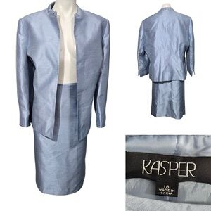 Kasper 2-piece skirt suit plus size 18 light‎ blue satin long sleeve knee length